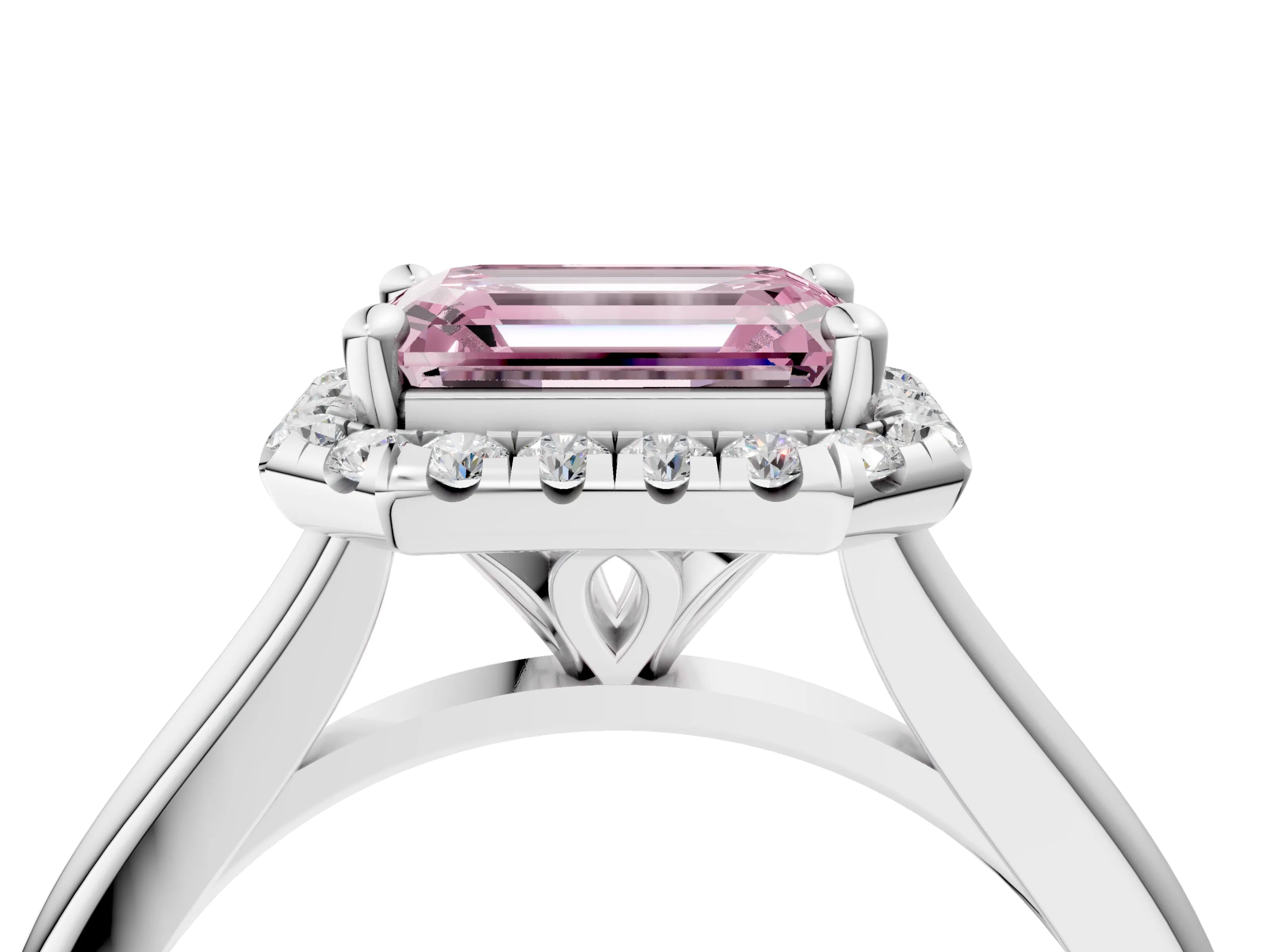 White gold Fancy Pink Emerald Cut Halo Round Diamond Solitaire Engagement Ring with Pave Band and Four-Prong Setting_28