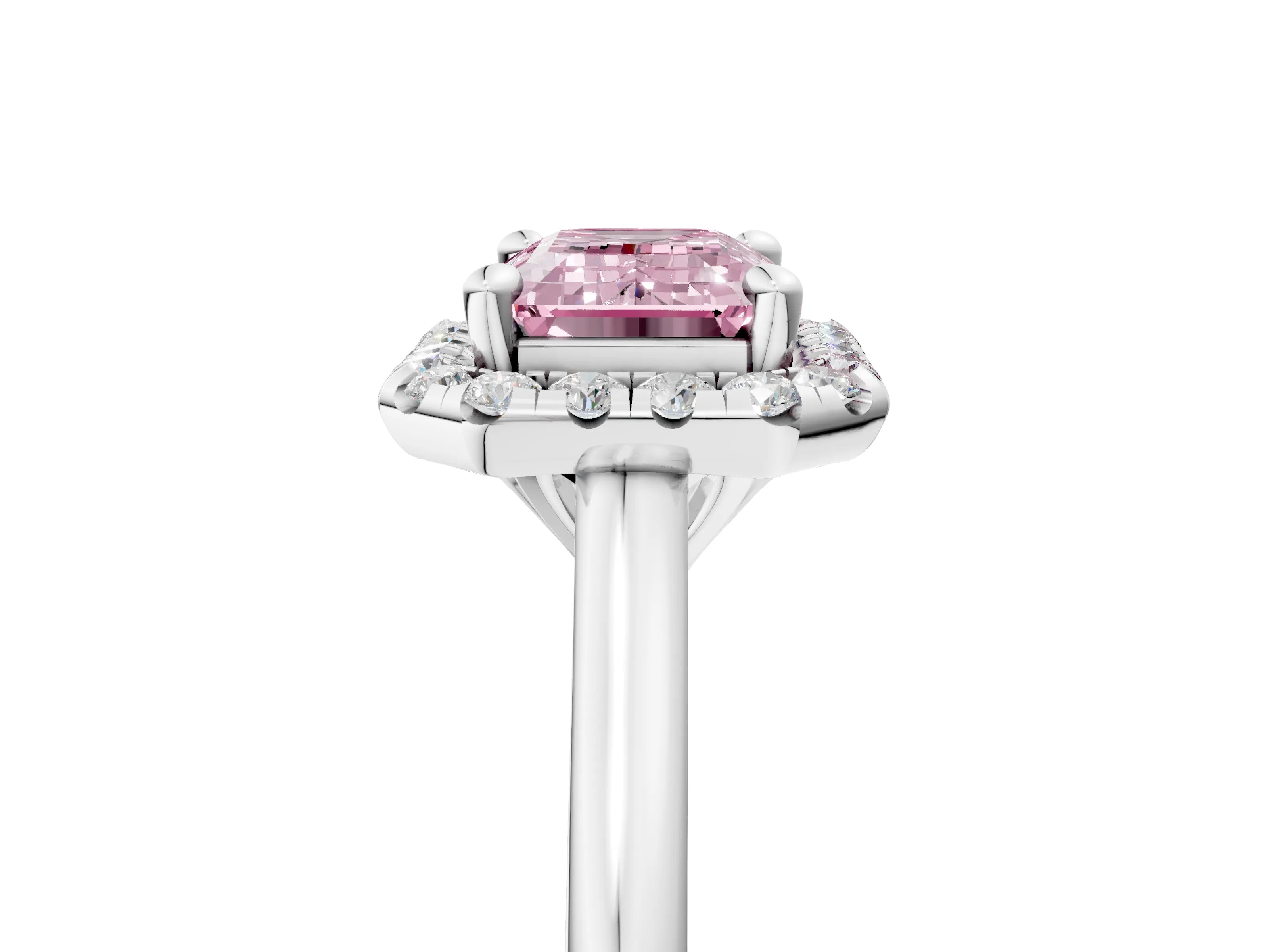 White gold Fancy Pink Emerald Cut Halo Round Diamond Solitaire Engagement Ring with Pave Band and Four-Prong Setting_29