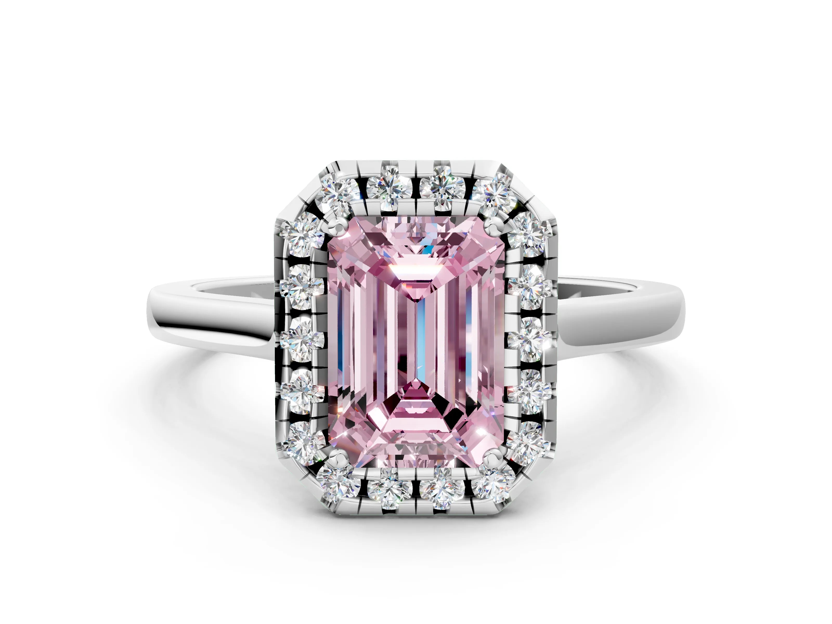White gold Fancy Pink Emerald Cut Halo Round Diamond Solitaire Ring with Pavé Band and Four-Prong Setting