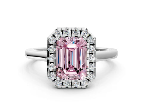 White gold Fancy Pink Emerald Cut Halo Round Diamond Solitaire Ring with Pavé Band and Four-Prong Setting