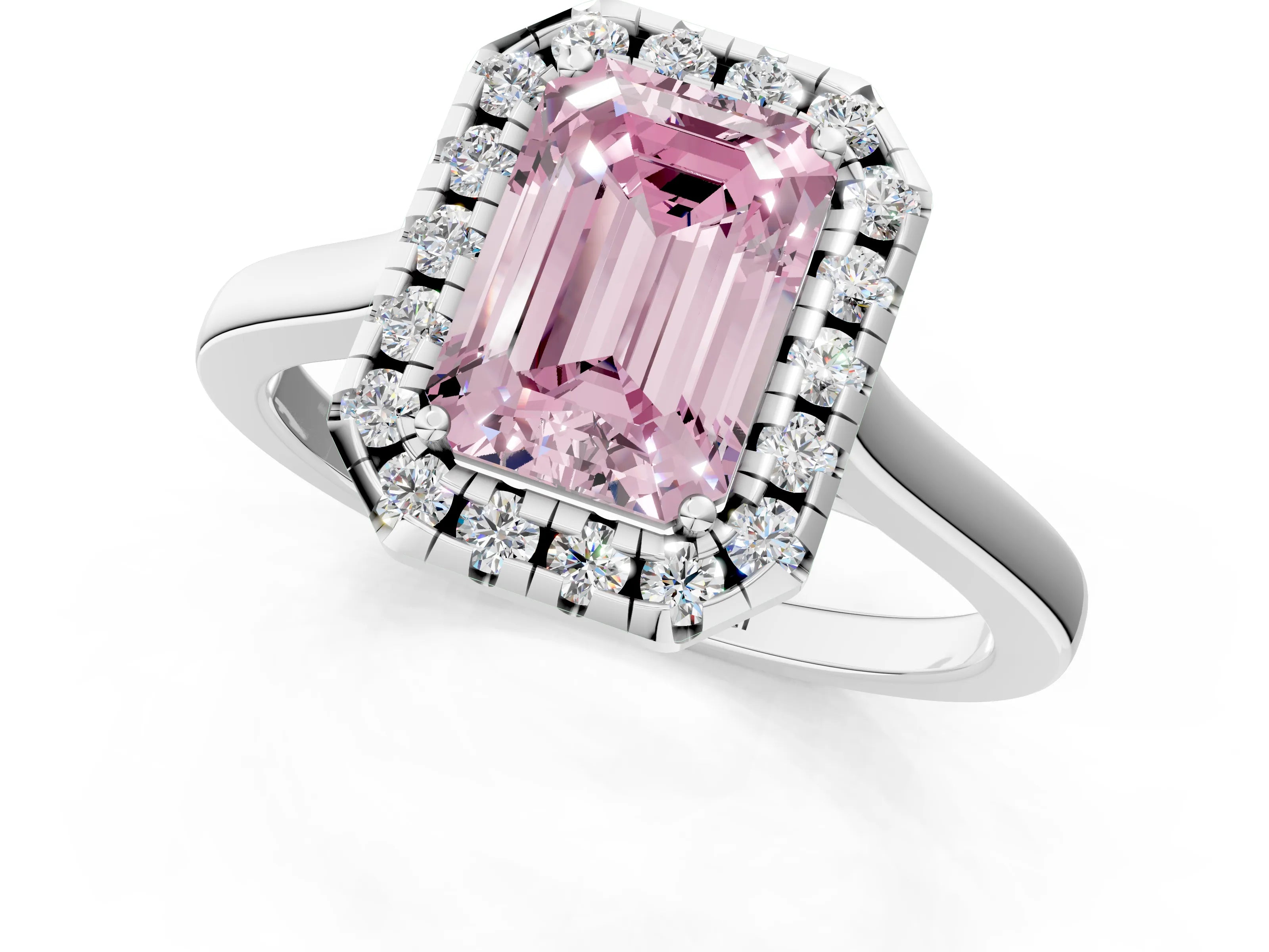 White gold Fancy Pink Emerald Cut Halo Round Diamond Solitaire Ring with Pavé Band and Four-Prong Setting_1