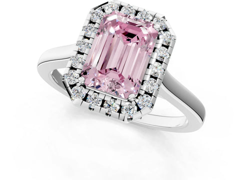 White gold Fancy Pink Emerald Cut Halo Round Diamond Solitaire Ring with Pavé Band and Four-Prong Setting_1