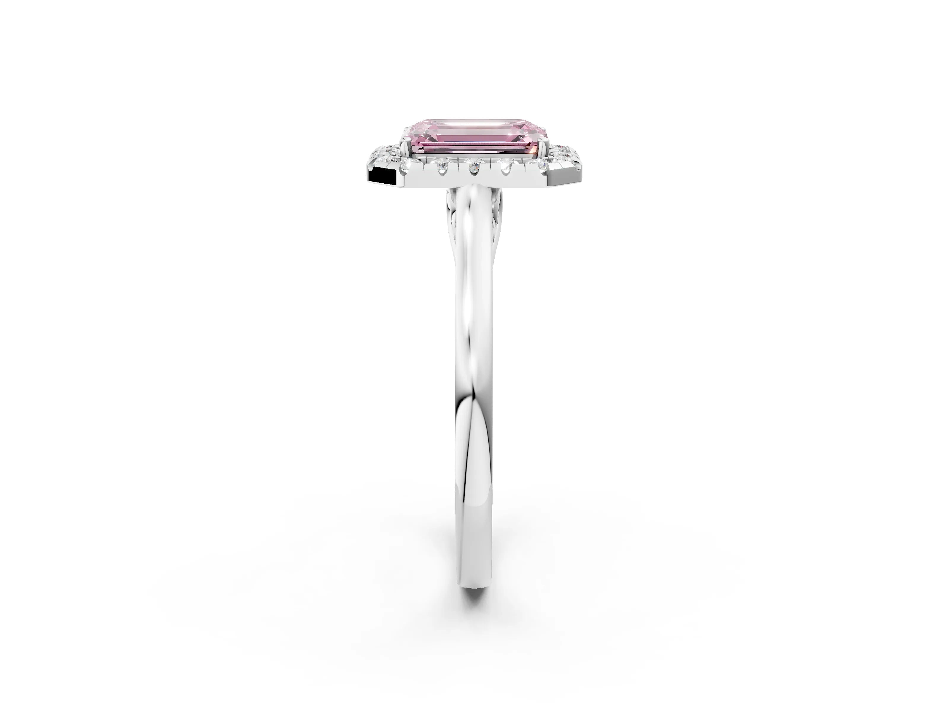 White gold Fancy Pink Emerald Cut Halo Round Diamond Solitaire Ring with Pavé Band and Four-Prong Setting_2
