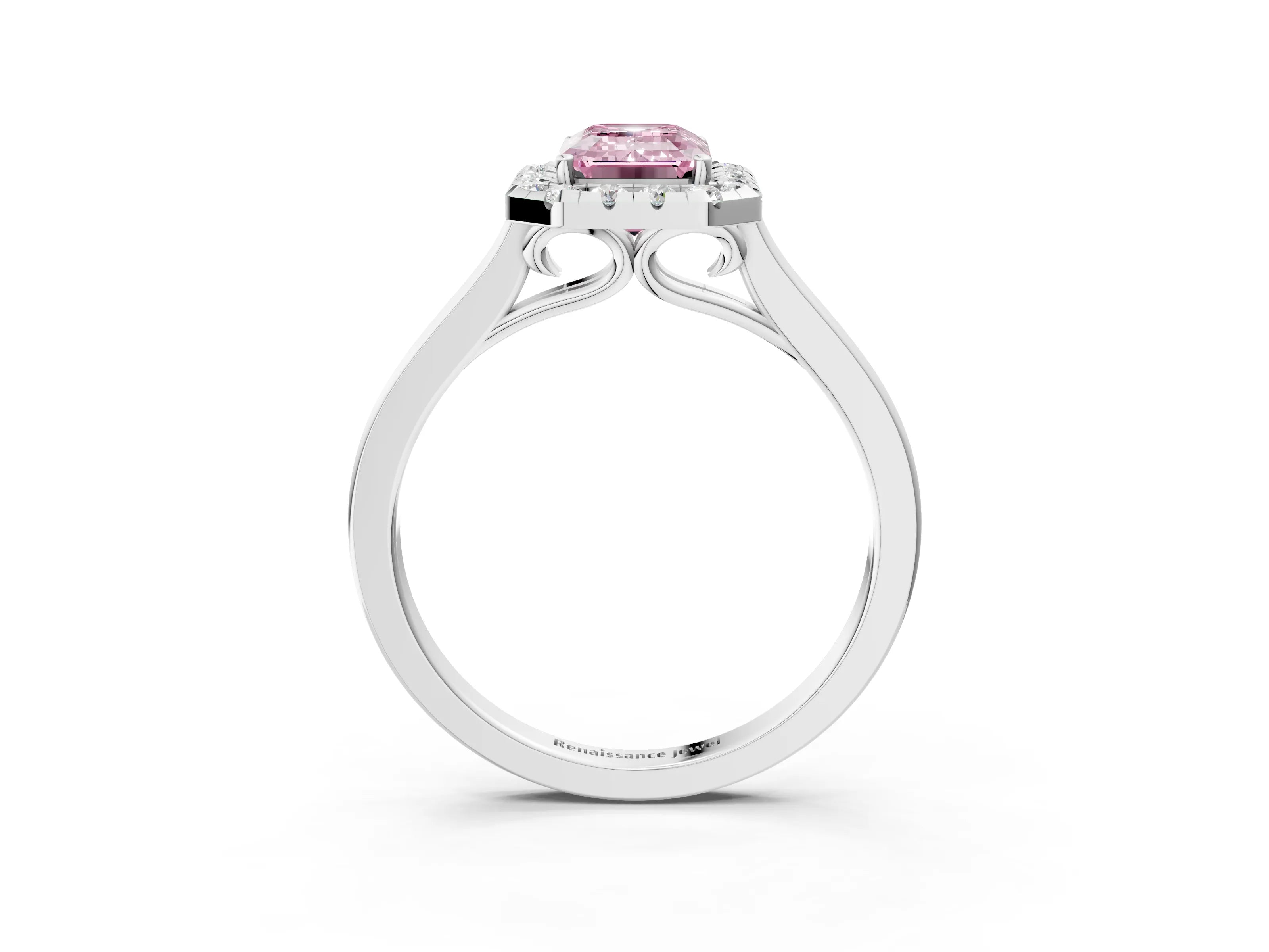 White gold Fancy Pink Emerald Cut Halo Round Diamond Solitaire Ring with Pavé Band and Four-Prong Setting_3