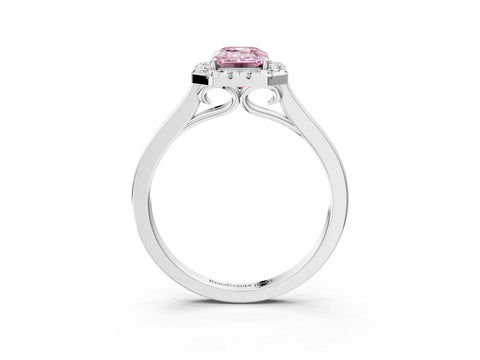 White gold Fancy Pink Emerald Cut Halo Round Diamond Solitaire Ring with Pavé Band and Four-Prong Setting_3