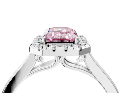 White gold Fancy Pink Emerald Cut Halo Round Diamond Solitaire Ring with Pavé Band and Four-Prong Setting_4