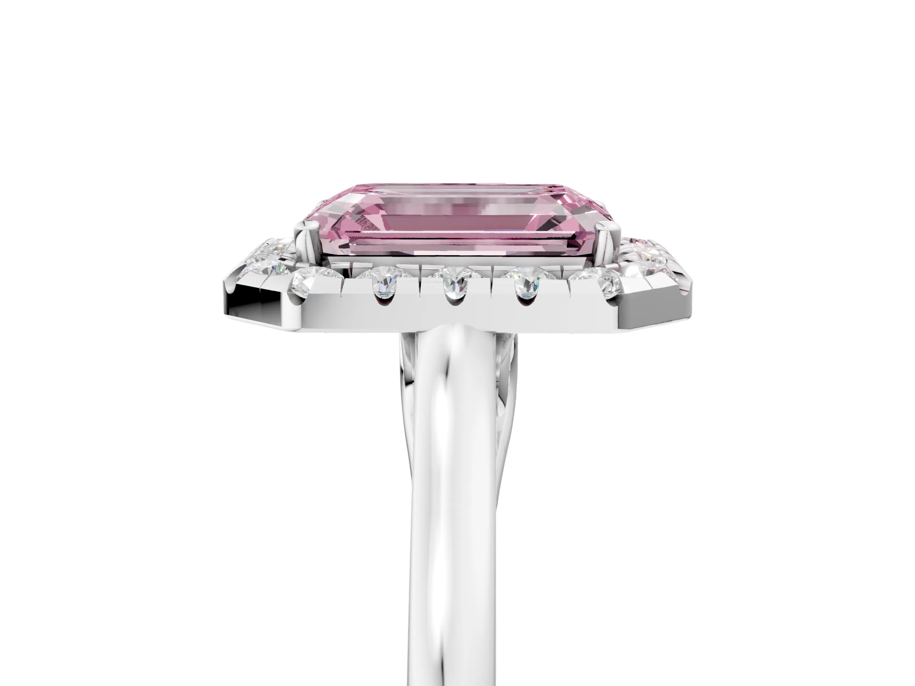 White gold Fancy Pink Emerald Cut Halo Round Diamond Solitaire Ring with Pavé Band and Four-Prong Setting_5