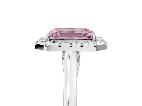 White gold Fancy Pink Emerald Cut Halo Round Diamond Solitaire Ring with Pavé Band and Four-Prong Setting_5