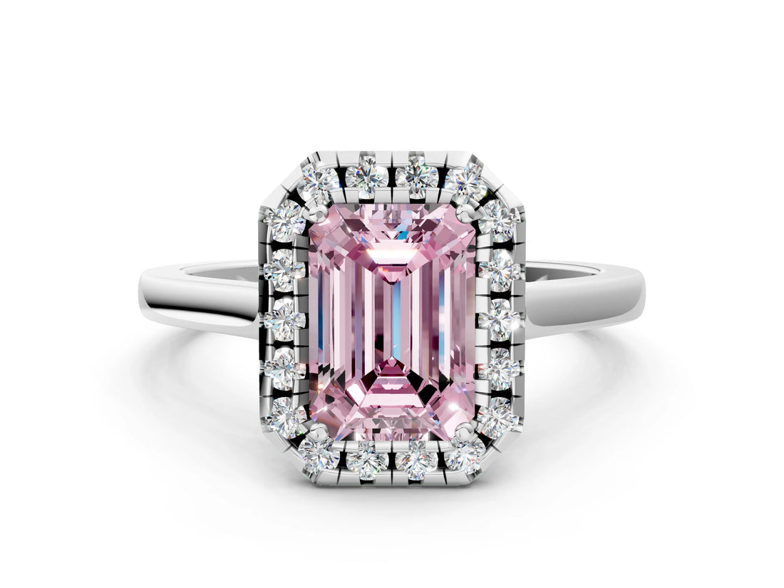White gold Fancy Pink Emerald Cut Halo Round Diamond Solitaire Ring with Pavé Band and Four-Prong Setting