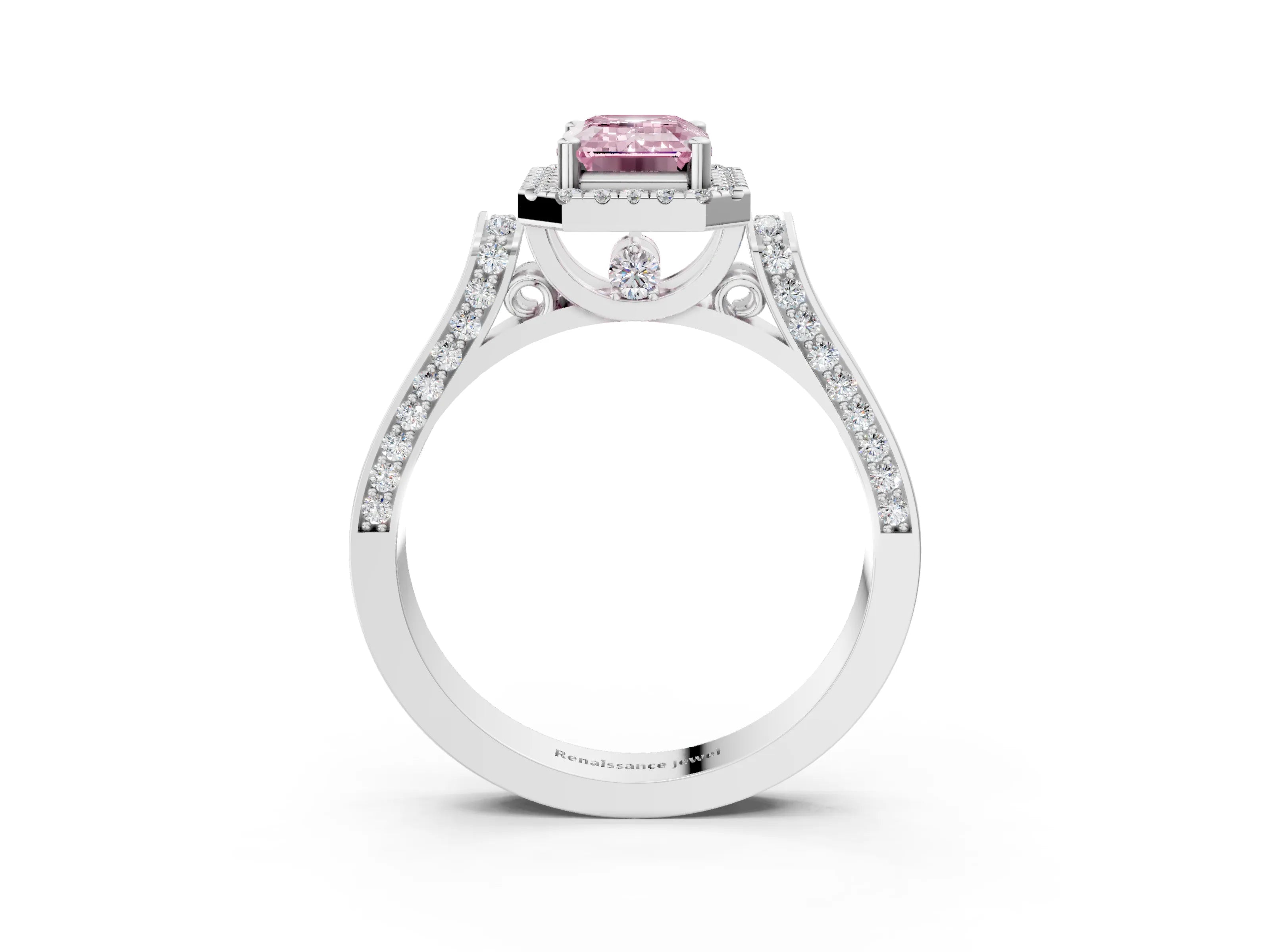 White gold Fancy Pink Emerald Cut Halo Round Diamond Twist Band with Four-Prong Setting_15