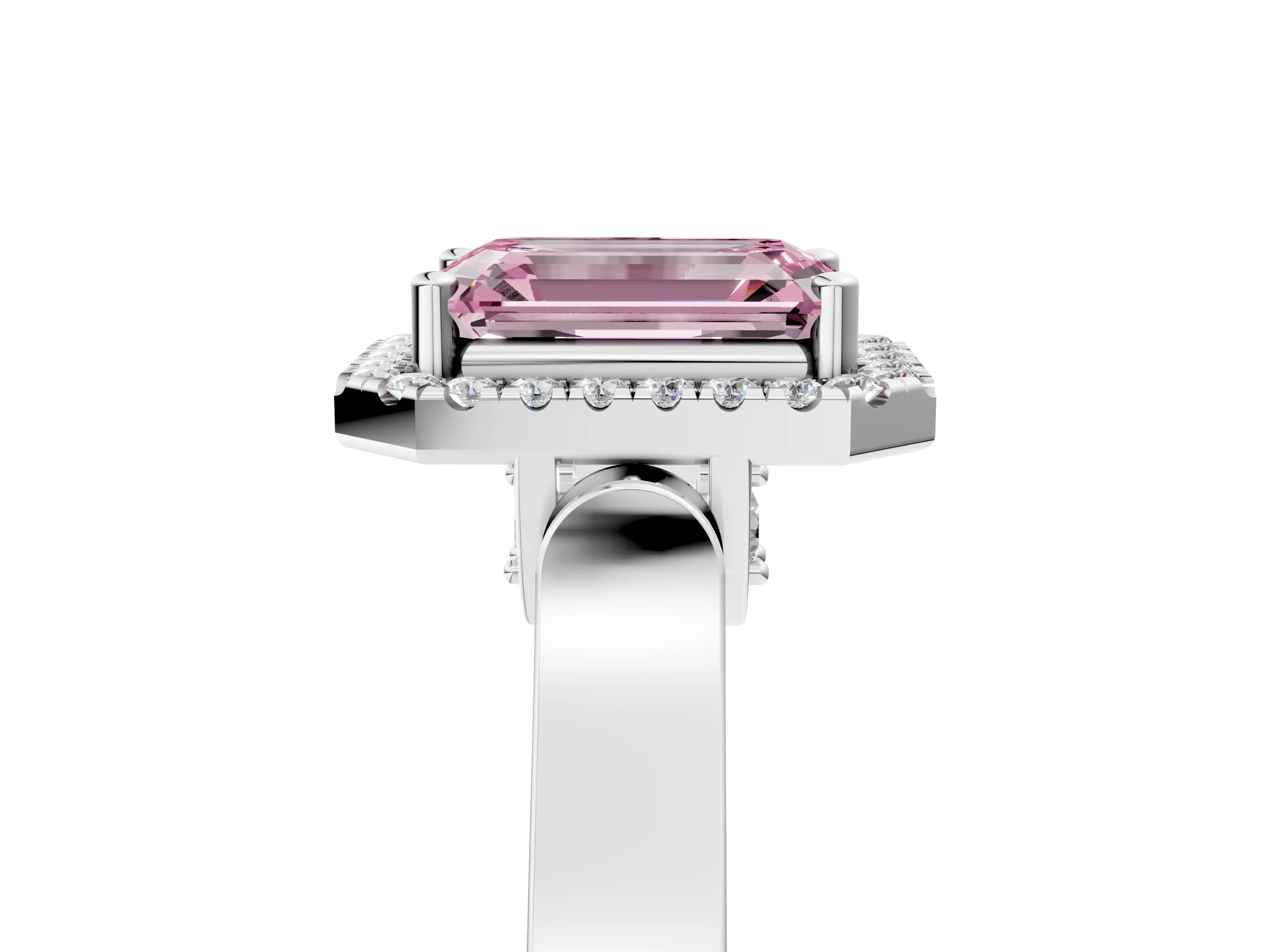 White gold Fancy Pink Emerald Cut Halo Round Diamond Twist Band with Four-Prong Setting_17