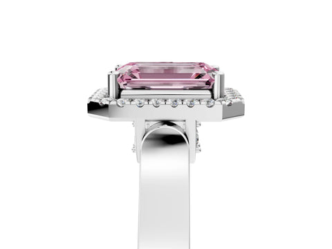 White gold Fancy Pink Emerald Cut Halo Round Diamond Twist Band with Four-Prong Setting_17