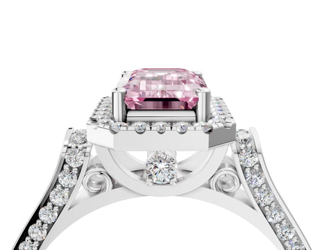 White gold Fancy Pink Emerald Cut Halo Round Diamond Twist Band with Four-Prong Setting_22