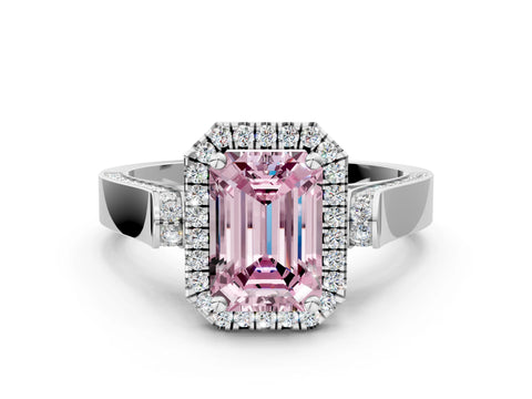 White gold Fancy Pink Emerald Cut Halo Round Diamond Twist Band with Four-Prong Setting_31