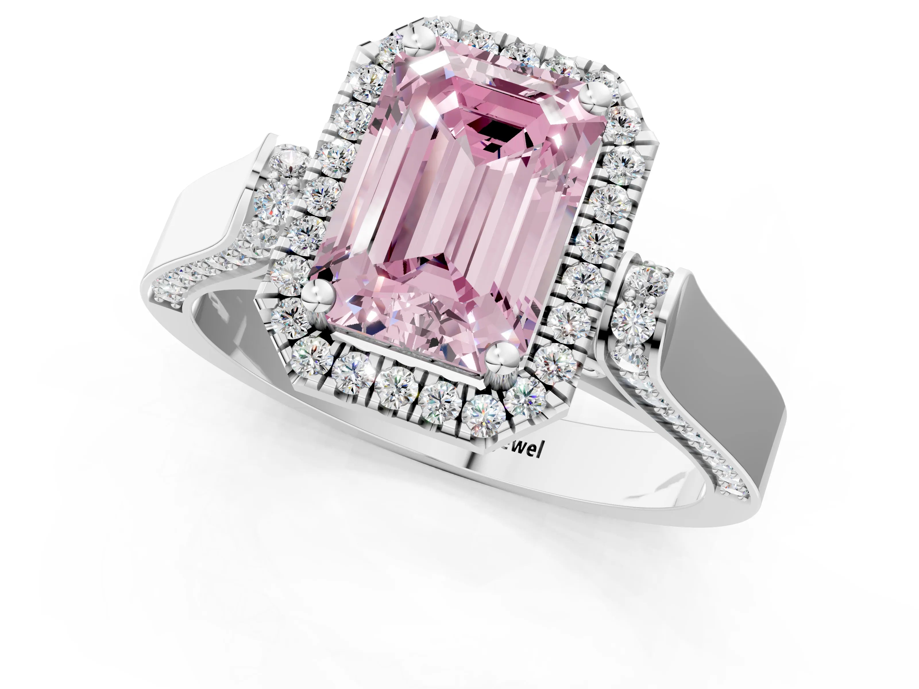 White gold Fancy Pink Emerald Cut Halo Round Diamond Twist Band with Four-Prong Setting_32
