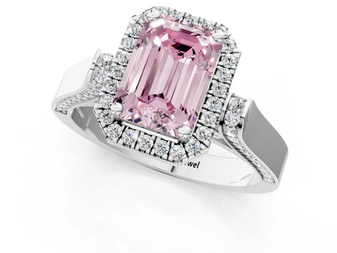 White gold Fancy Pink Emerald Cut Halo Round Diamond Twist Band with Four-Prong Setting_32