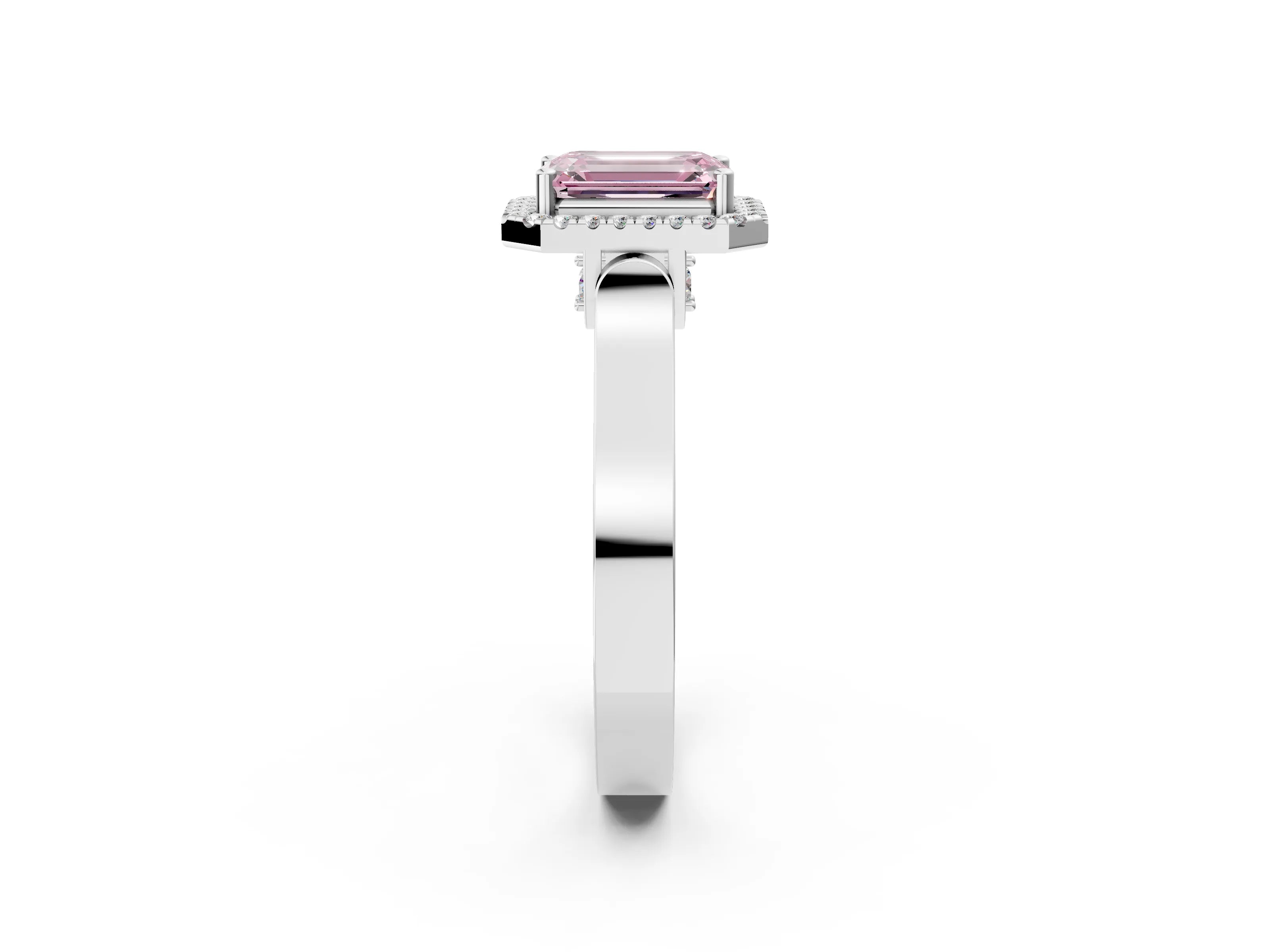 White gold Fancy Pink Emerald Cut Halo Round Diamond Twist Band with Four-Prong Setting_33