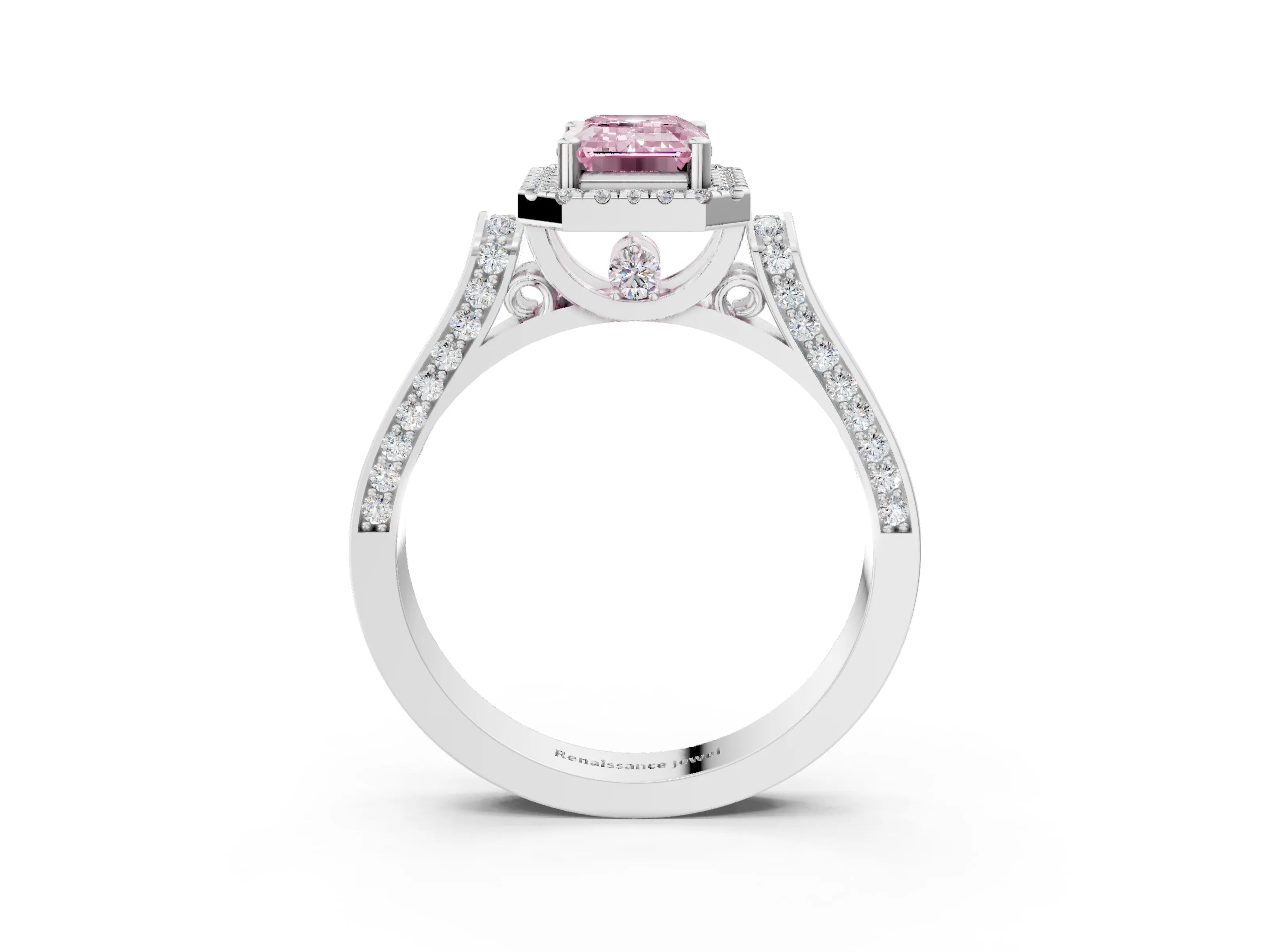 White gold Fancy Pink Emerald Cut Halo Round Diamond Twist Band with Four-Prong Setting_34
