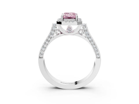White gold Fancy Pink Emerald Cut Halo Round Diamond Twist Band with Four-Prong Setting_34