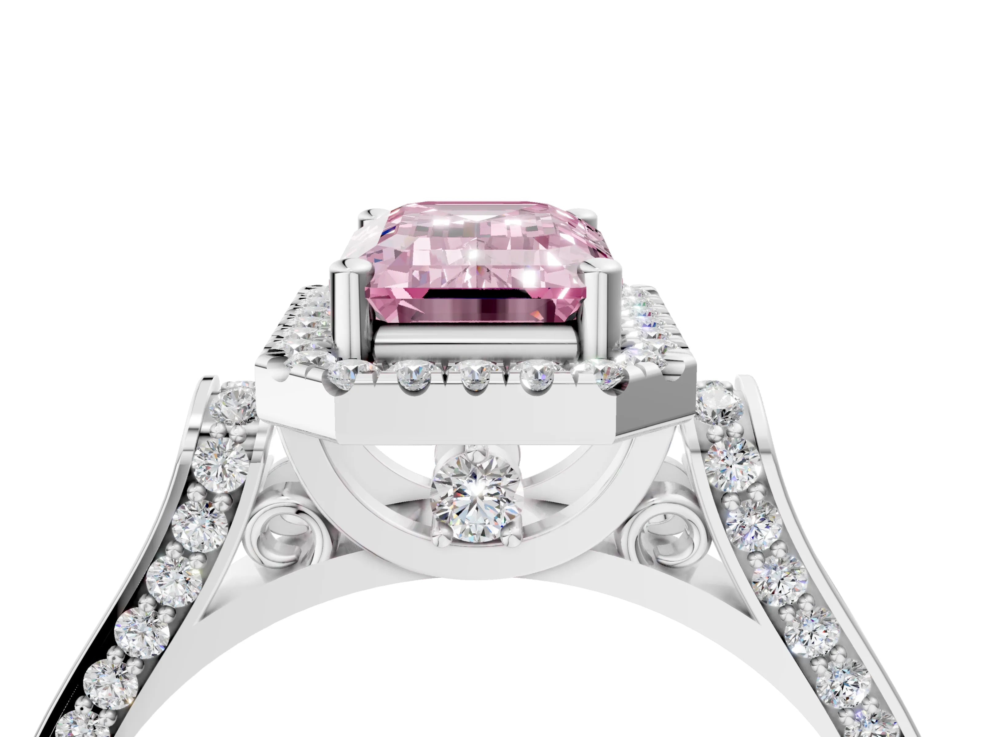 White gold Fancy Pink Emerald Cut Halo Round Diamond Twist Band with Four-Prong Setting_35