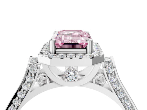 White gold Fancy Pink Emerald Cut Halo Round Diamond Twist Band with Four-Prong Setting_40