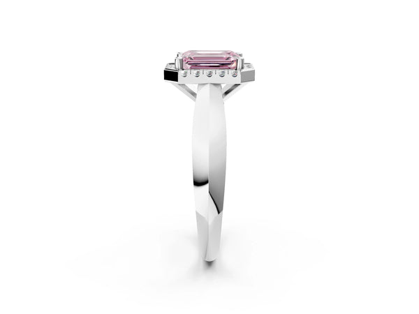 Platinum Fancy Pink Emerald  Cut Halo Solitaire Engagement Ring with Square Band and Four-Prong Setting