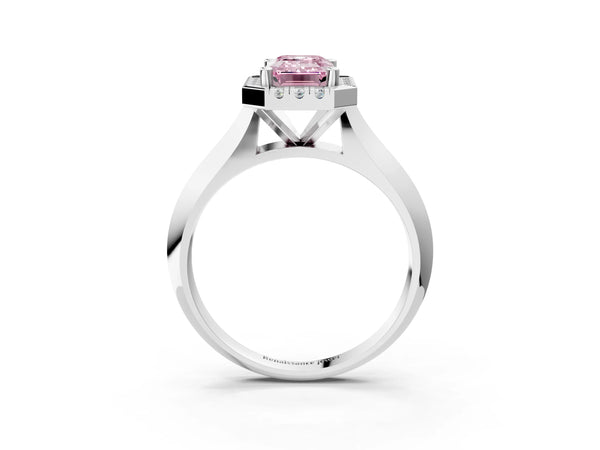 Platinum Fancy Pink Emerald  Cut Halo Solitaire Engagement Ring with Square Band and Four-Prong Setting