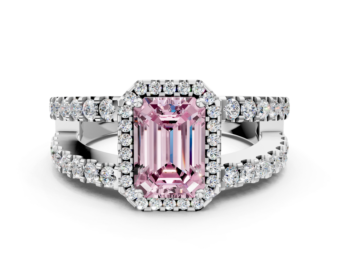 White gold Fancy Pink Emerald  Cut Halo Split Shank Diamond Ring with Four-Prong Setting_45