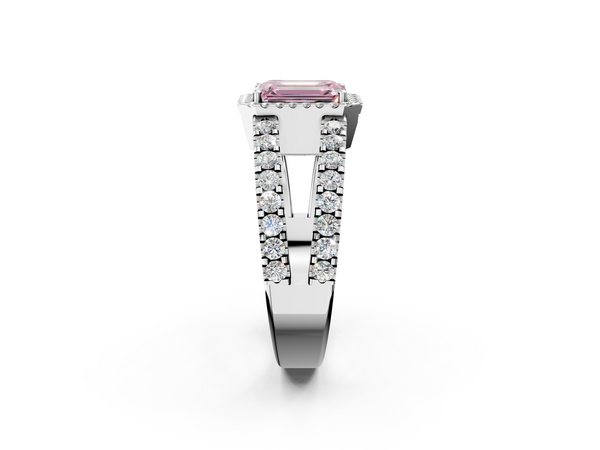 Platinum Fancy Pink Emerald  Cut Halo Split Shank Diamond Ring with Four-Prong Setting