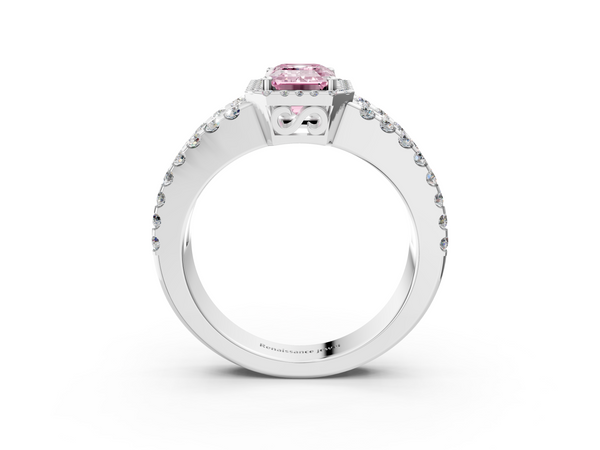 Platinum Fancy Pink Emerald  Cut Halo Split Shank Diamond Ring with Four-Prong Setting