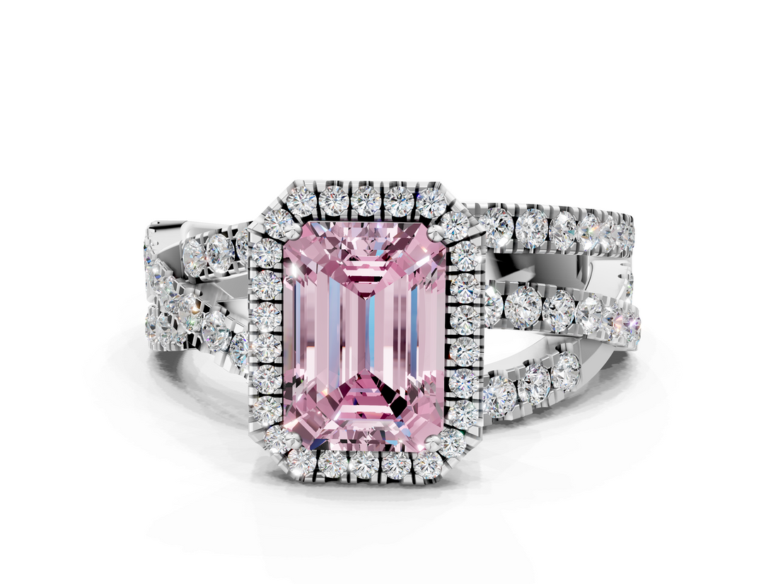 White gold Fancy Pink Emerald  Cut Halo Split Shank Prong Setting Ring_61