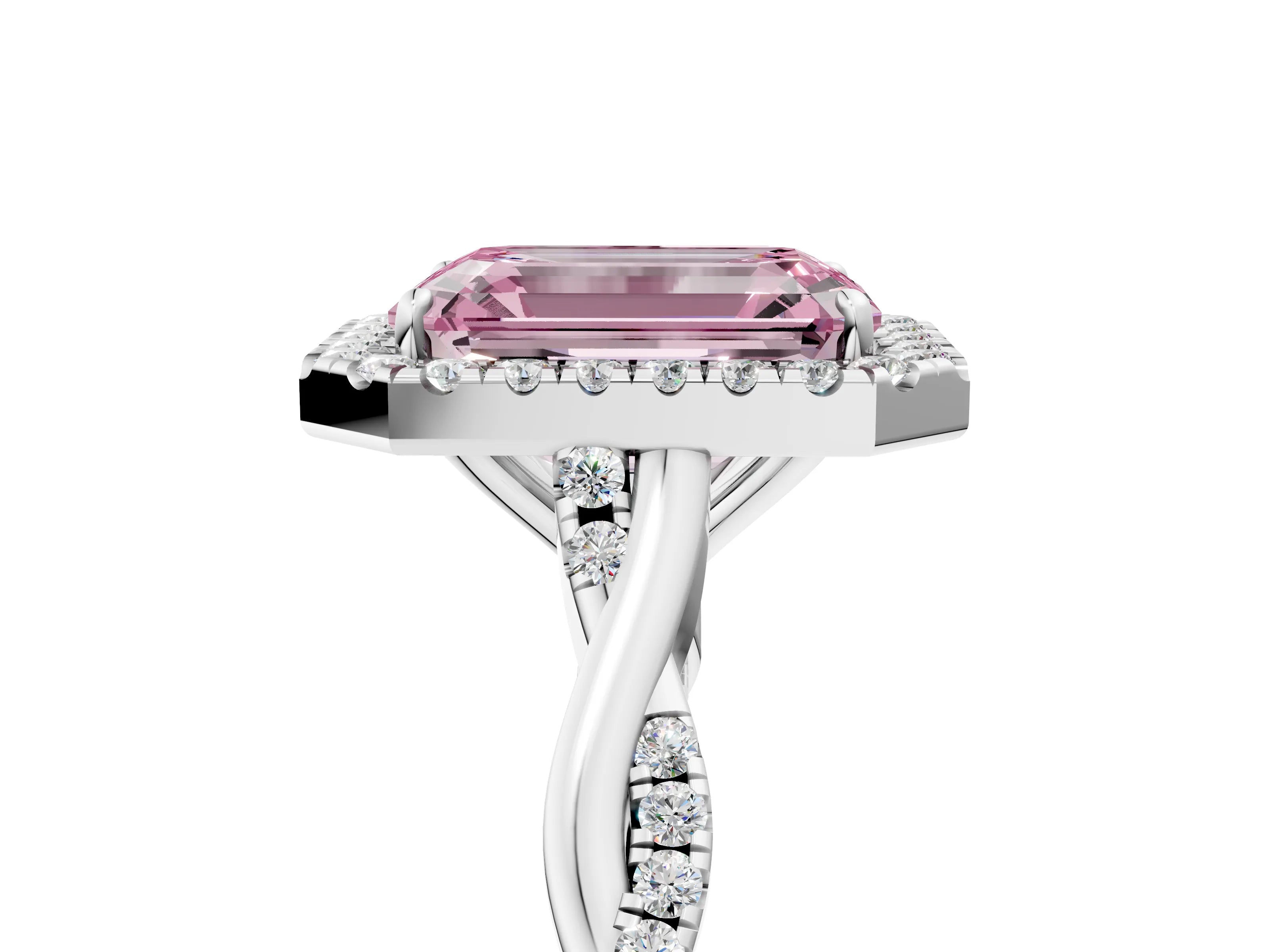 White gold Fancy Pink Emerald Cut Halo Twist Band with Four-Prong Setting_17