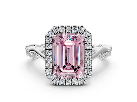 White gold Fancy Pink Emerald Cut Halo Twist Band with Four-Prong Setting