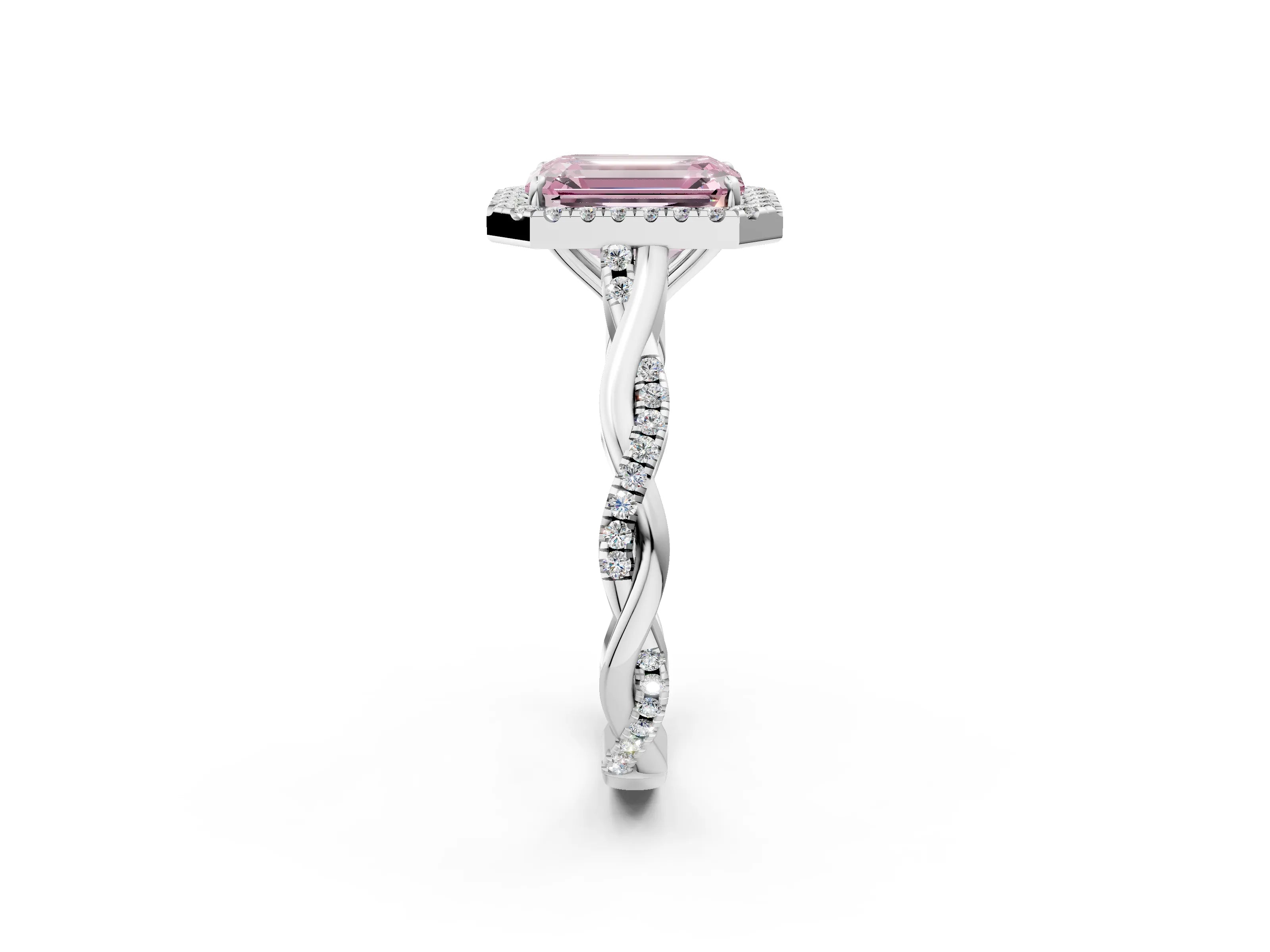 White gold Fancy Pink Emerald Cut Halo Twist Band with Four-Prong Setting_2