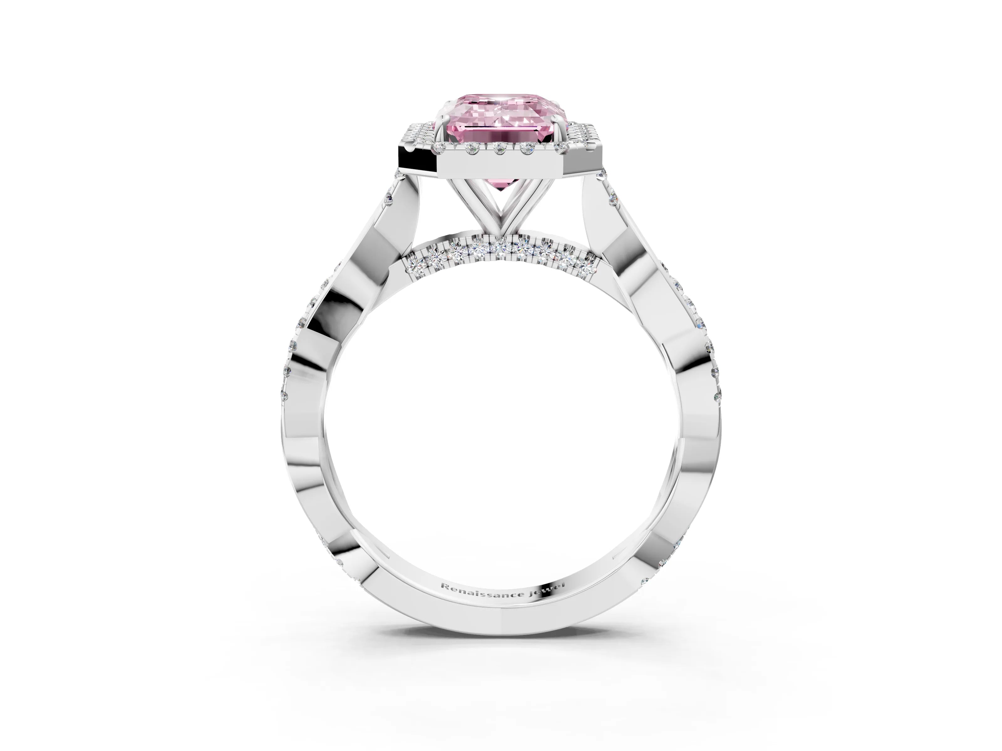 White gold Fancy Pink Emerald Cut Halo Twist Band with Four-Prong Setting_3