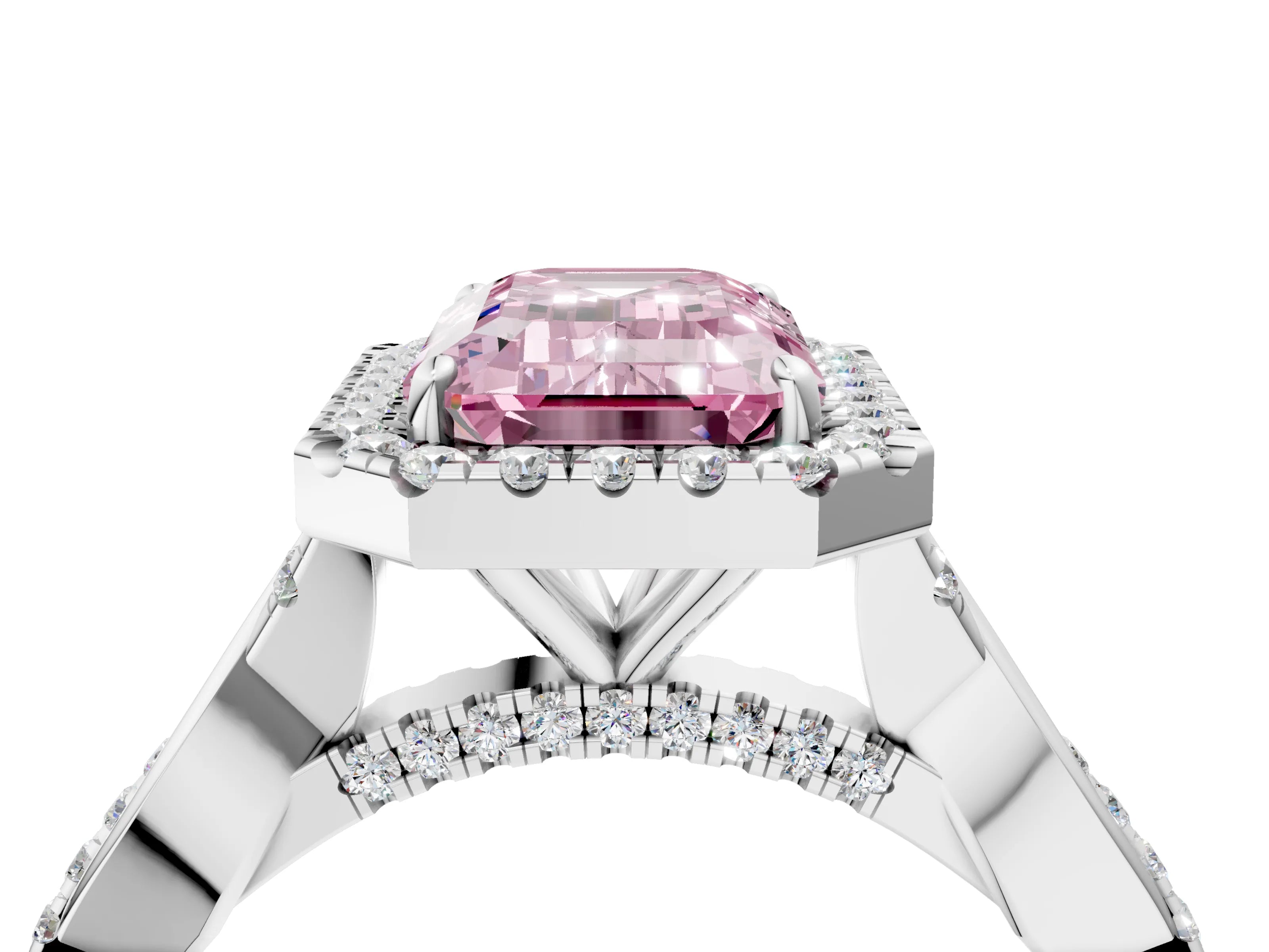 White gold Fancy Pink Emerald Cut Halo Twist Band with Four-Prong Setting_4