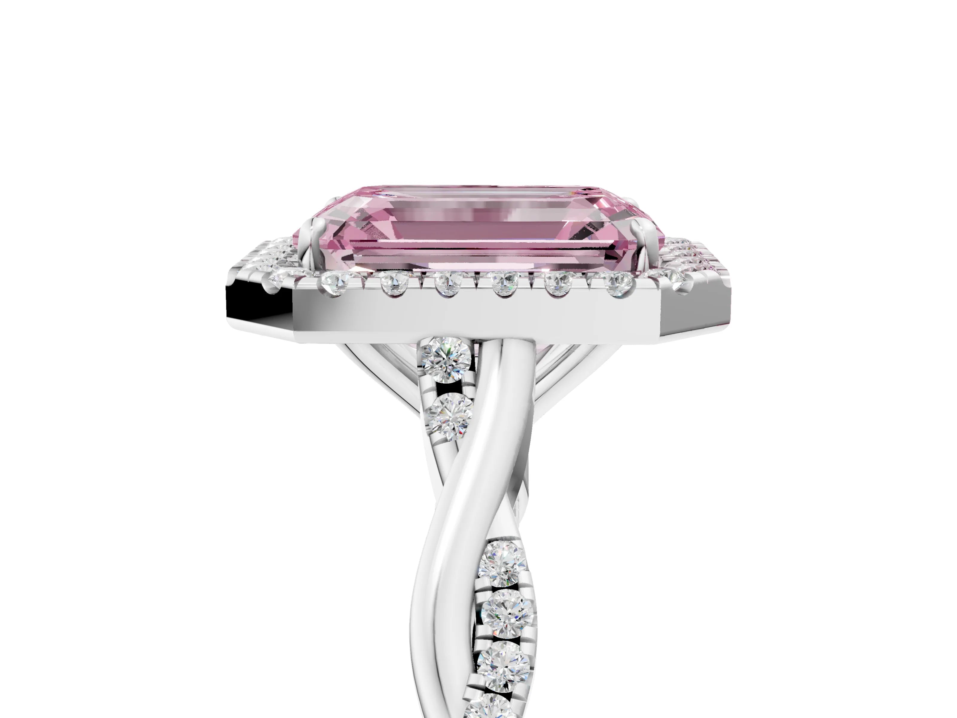 White gold Fancy Pink Emerald Cut Halo Twist Band with Four-Prong Setting_5