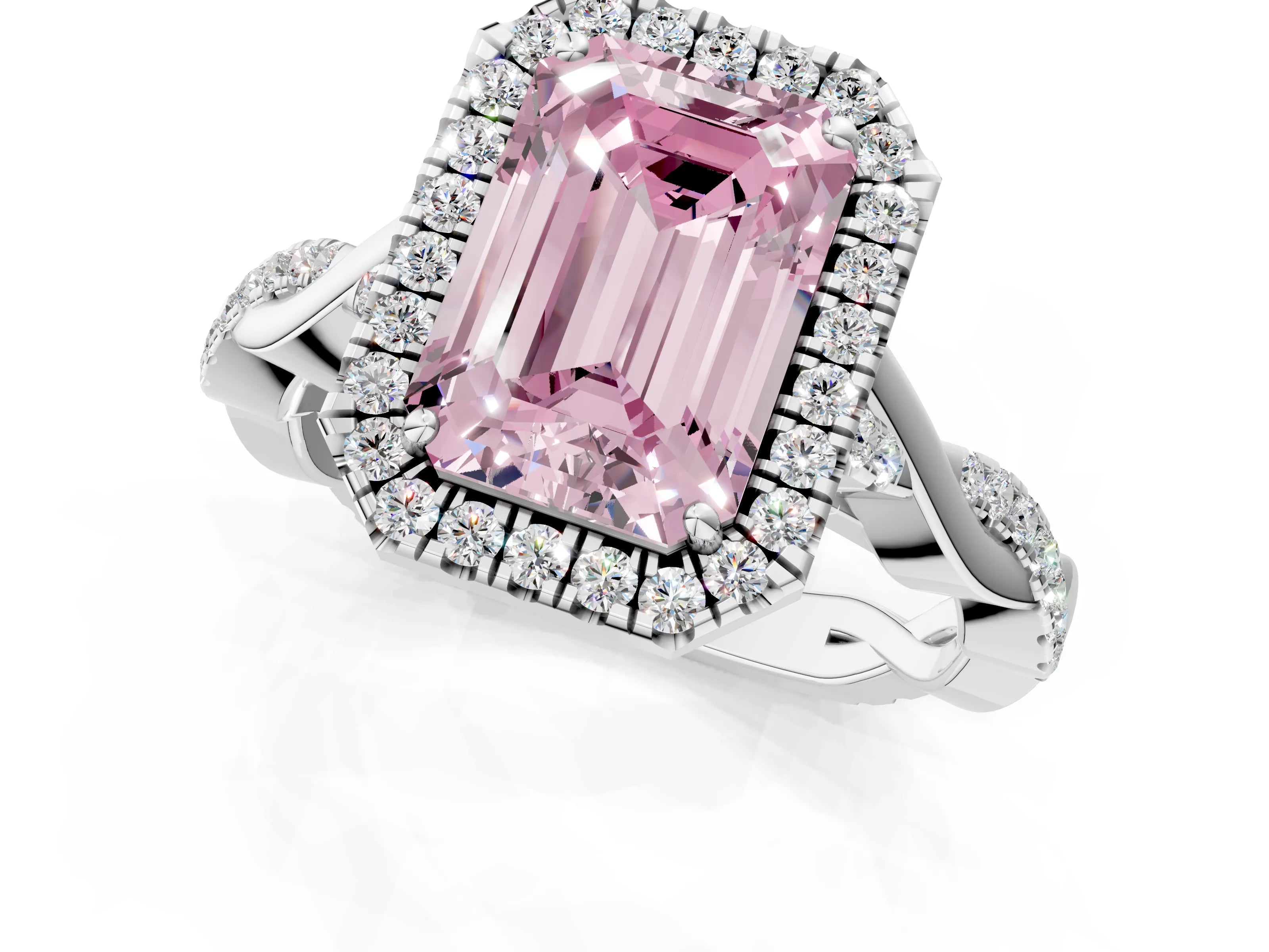 White gold Fancy Pink Emerald Cut Halo Twist Band with Four-Prong Setting_73