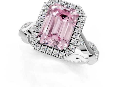 White gold Fancy Pink Emerald Cut Halo Twist Band with Four-Prong Setting_74