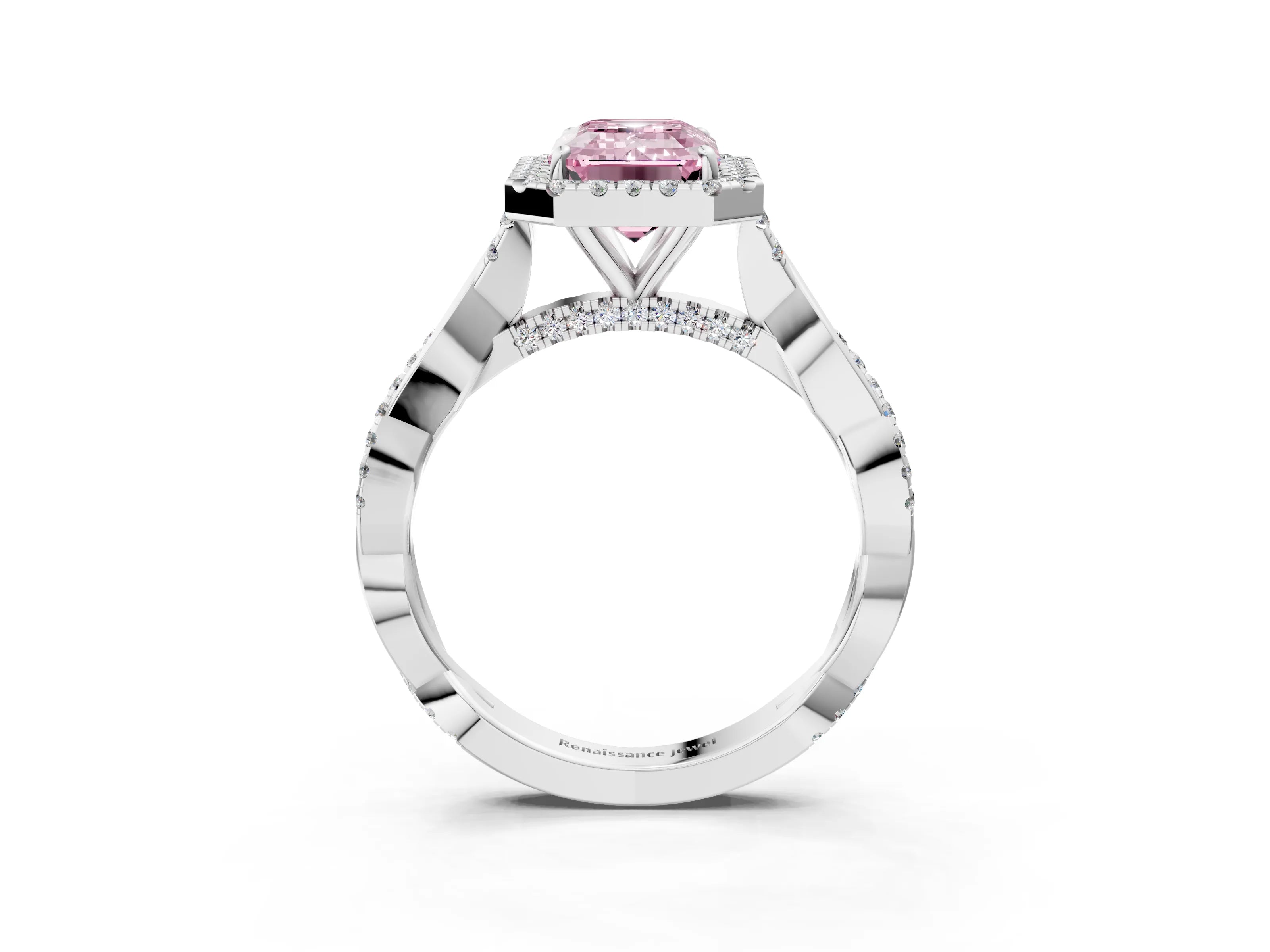 White gold Fancy Pink Emerald Cut Halo Twist Band with Four-Prong Setting_75