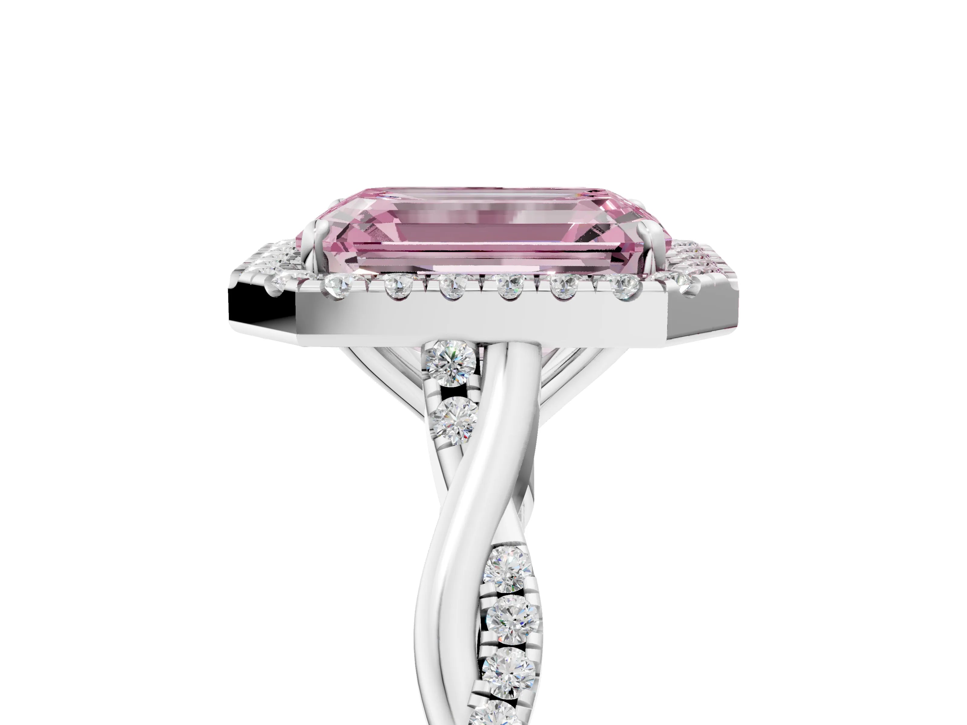 White gold Fancy Pink Emerald Cut Halo Twist Band with Four-Prong Setting_77