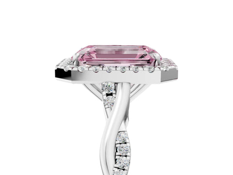 White gold Fancy Pink Emerald Cut Halo Twist Band with Four-Prong Setting_77