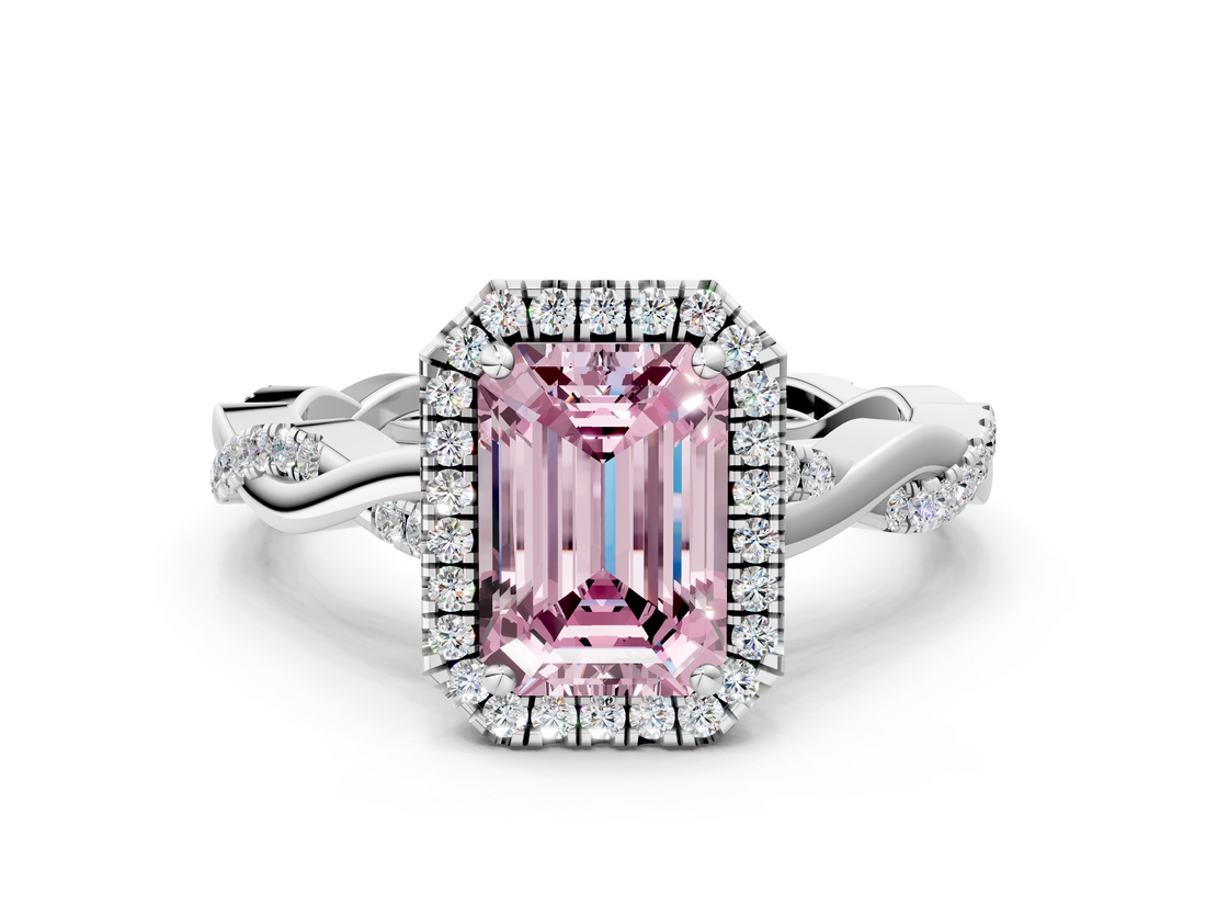 White gold Fancy Pink Emerald  Cut Halo Twisted Band Four-Prong Ring_20