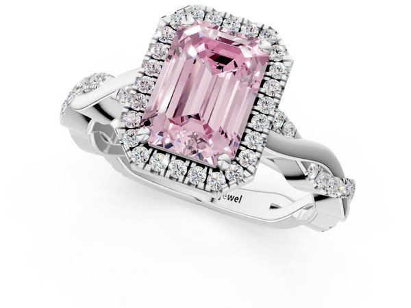 White gold Fancy Pink Emerald  Cut Halo Twisted Band Four-Prong Ring