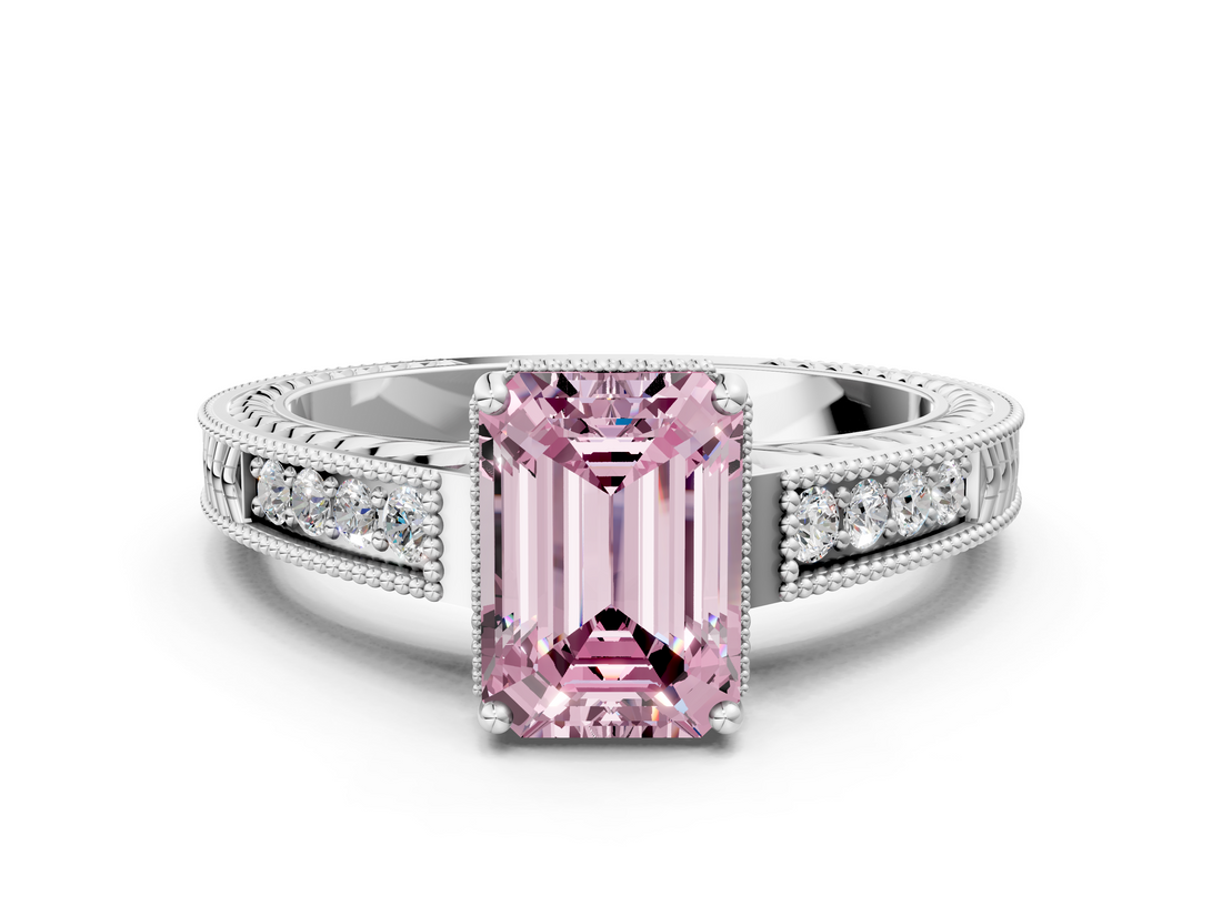 White gold Fancy Pink Emerald  Cut Milgrain Channel Set Engagement Ring with Solitaire Prong Setting_73