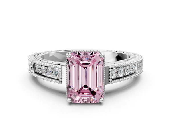 White gold Fancy Pink Emerald Cut Diamond Engagement Ring with Milgrain Channel Set Band and Prong Setting