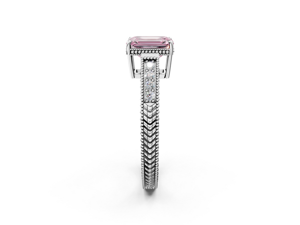 White gold Fancy Pink Emerald Cut Diamond Engagement Ring with Milgrain Channel Set Band and Prong Setting