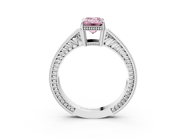 White gold Fancy Pink Emerald Cut Diamond Engagement Ring with Milgrain Channel Set Band and Prong Setting