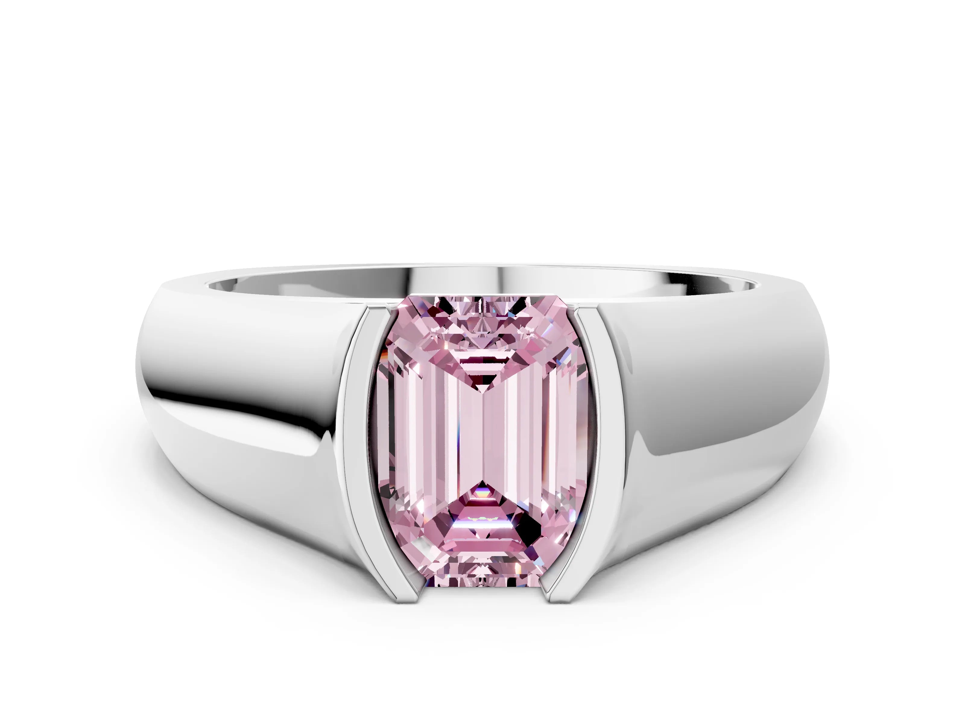 White gold Fancy Pink Emerald Cut Solitaire Bezel Set Diamond Ring with Wide Band_12