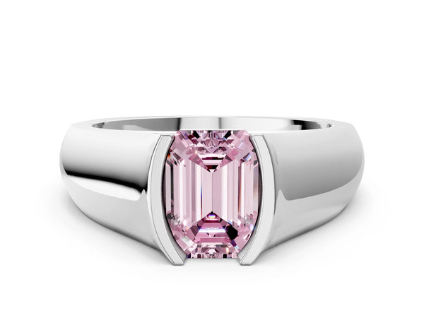 White gold Fancy Pink Emerald Cut Solitaire Bezel Set Diamond Ring with Wide Band